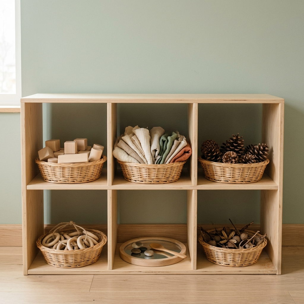 A low open birch shelf unit at toddler height against a sage-green wall, holding woven baskets of wooden blocks, folded fabrics, pine cones, wooden rings and a mirror tray.