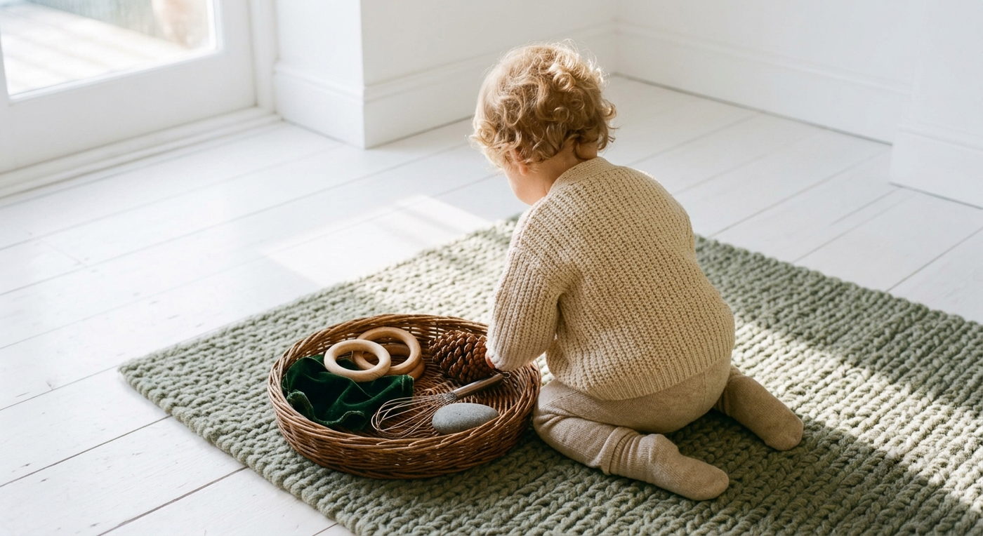 A toddler in a cream knitted cardigan kneels on a sage-green rug, reaching into a shallow willow basket holding wooden rings, a pine cone, a whisk and a smooth grey pebble.