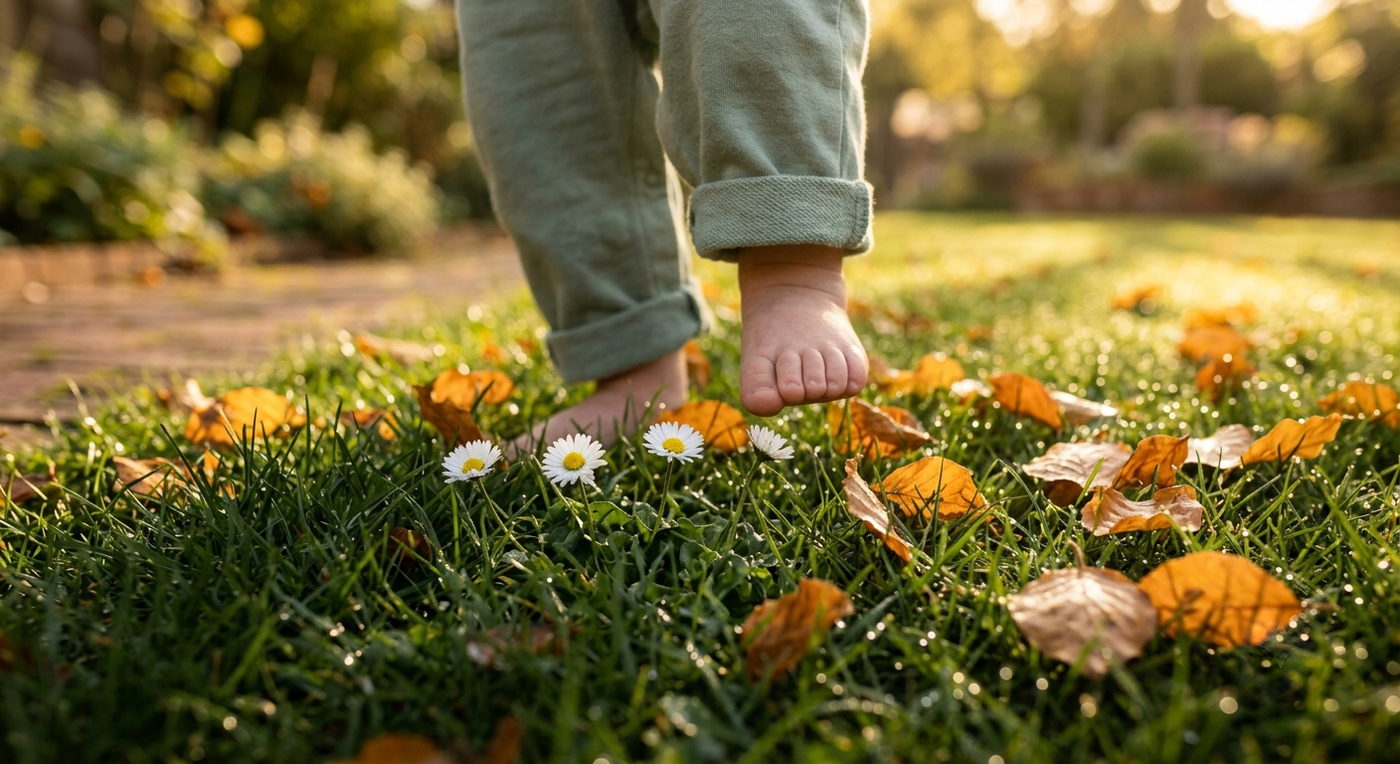 A toddler’s bare feet stepping through dewy grass scattered with daisies and fallen autumn leaves, lit by low golden afternoon sun.