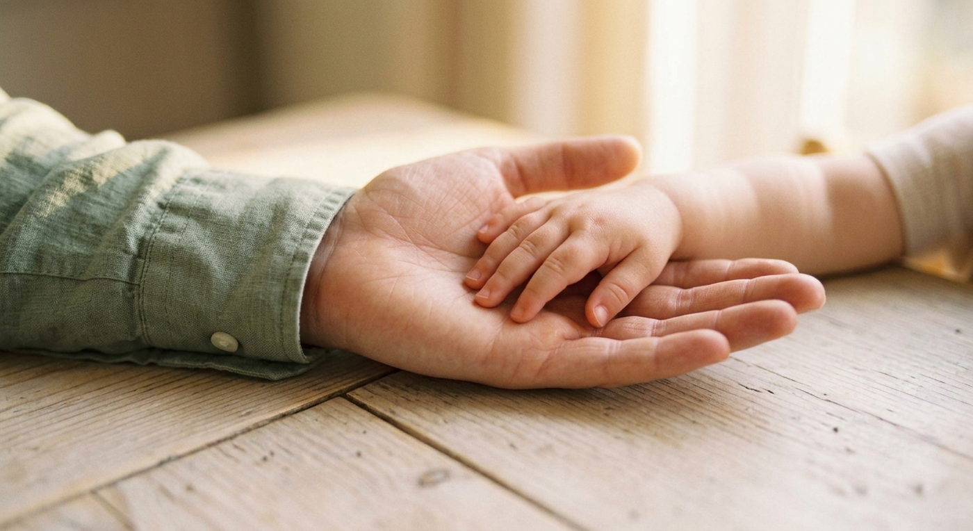 A very small child’s hand resting in the open palm of an adult’s hand on a pale wooden table, in soft window light.