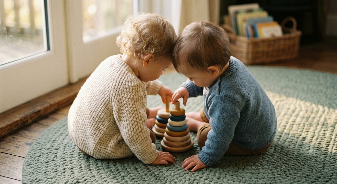 Two toddlers in knitted cardigans sit head to head on a sage-green rug, building a wooden stacking toy together in the light of a window.