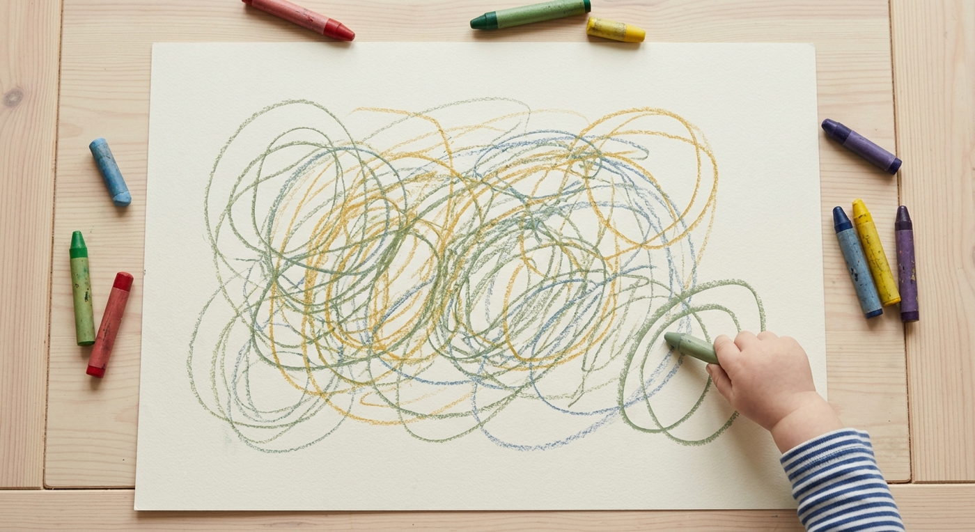 Overhead view of a large sheet of cartridge paper covered in looping green, ochre and blue crayon scribbles, with wax crayons scattered around and a small hand still drawing.