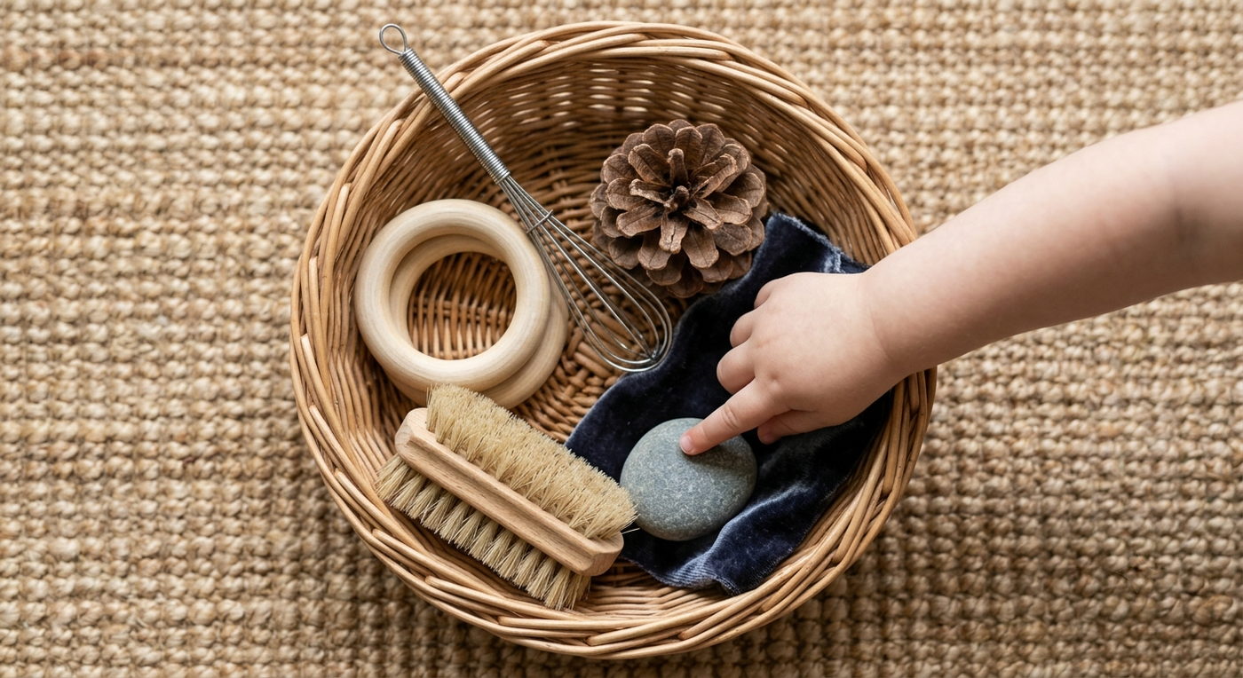 Overhead view of a treasure basket on a sisal rug holding a wooden ring, a pine cone, a whisk, a scrubbing brush and a pebble on dark velvet, with a toddler’s hand reaching in.
