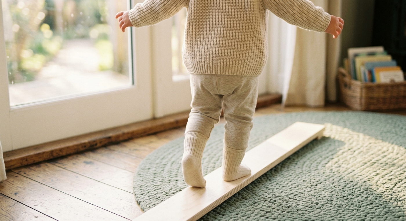 A toddler in cream socks steps carefully along a low wooden balance beam, arms held out for balance, on a sage-green rug beside a sunlit doorway.